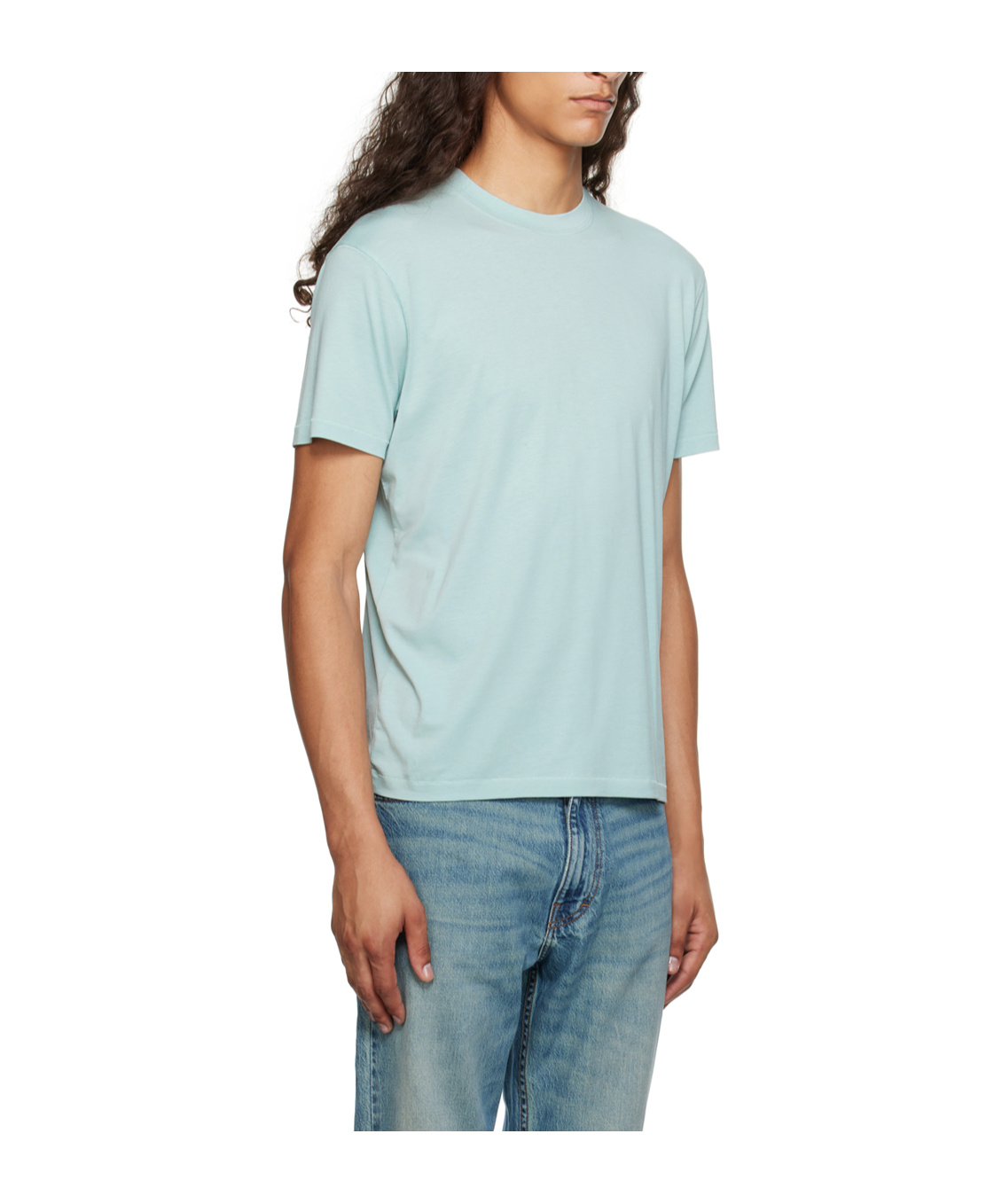 Tom Ford Mens Brand-embroidery Crewneck Woven T-shirt Glass Blue In Green