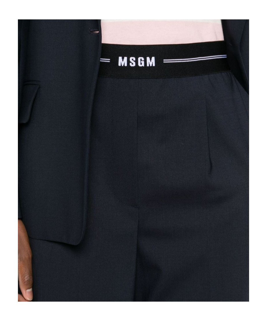 Msgm Blue Wool Trousers With Elastic Waistband And Logo In Black
