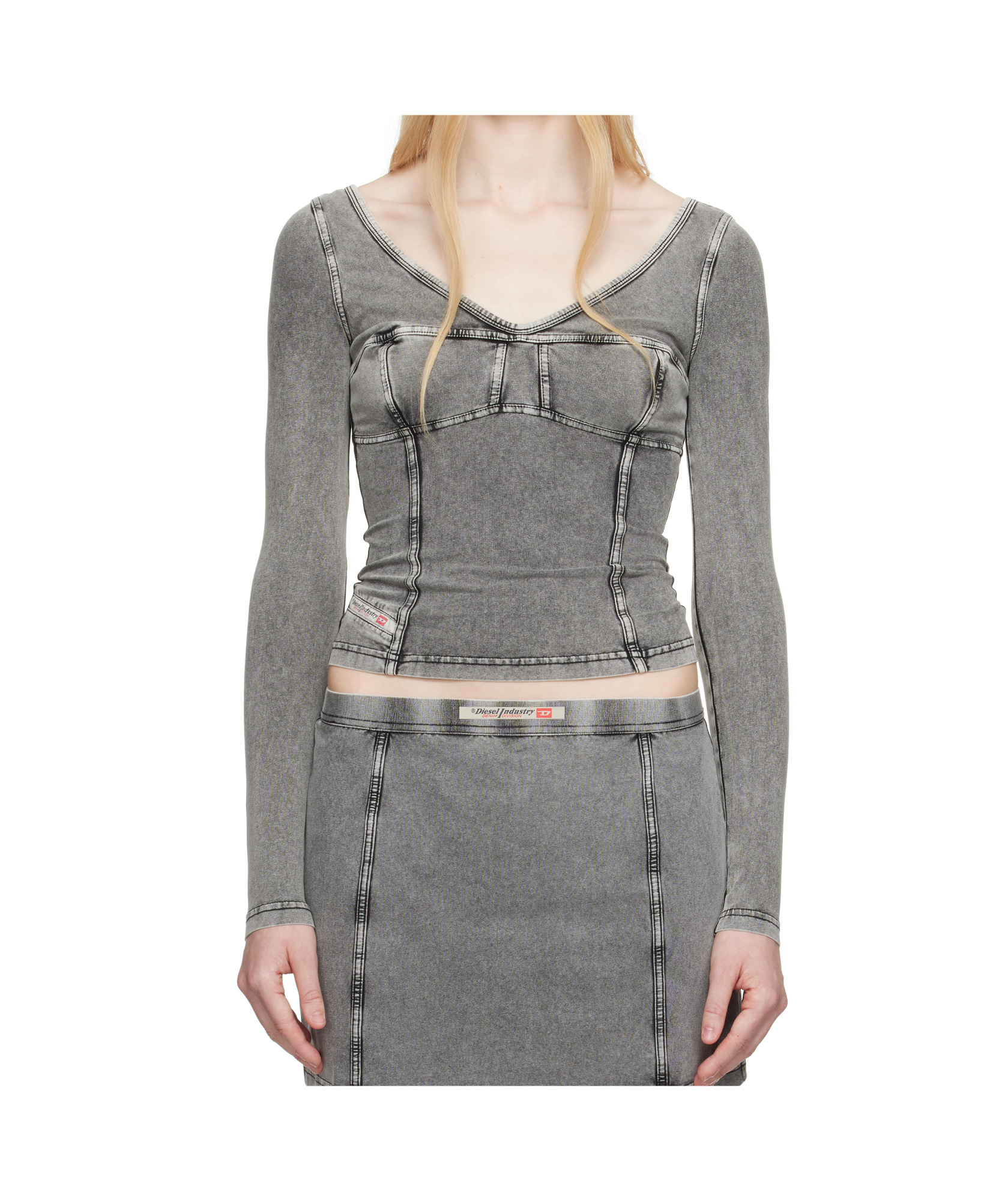 Diesel T-elin Long-sleeve Top With Denim Effect In Grey