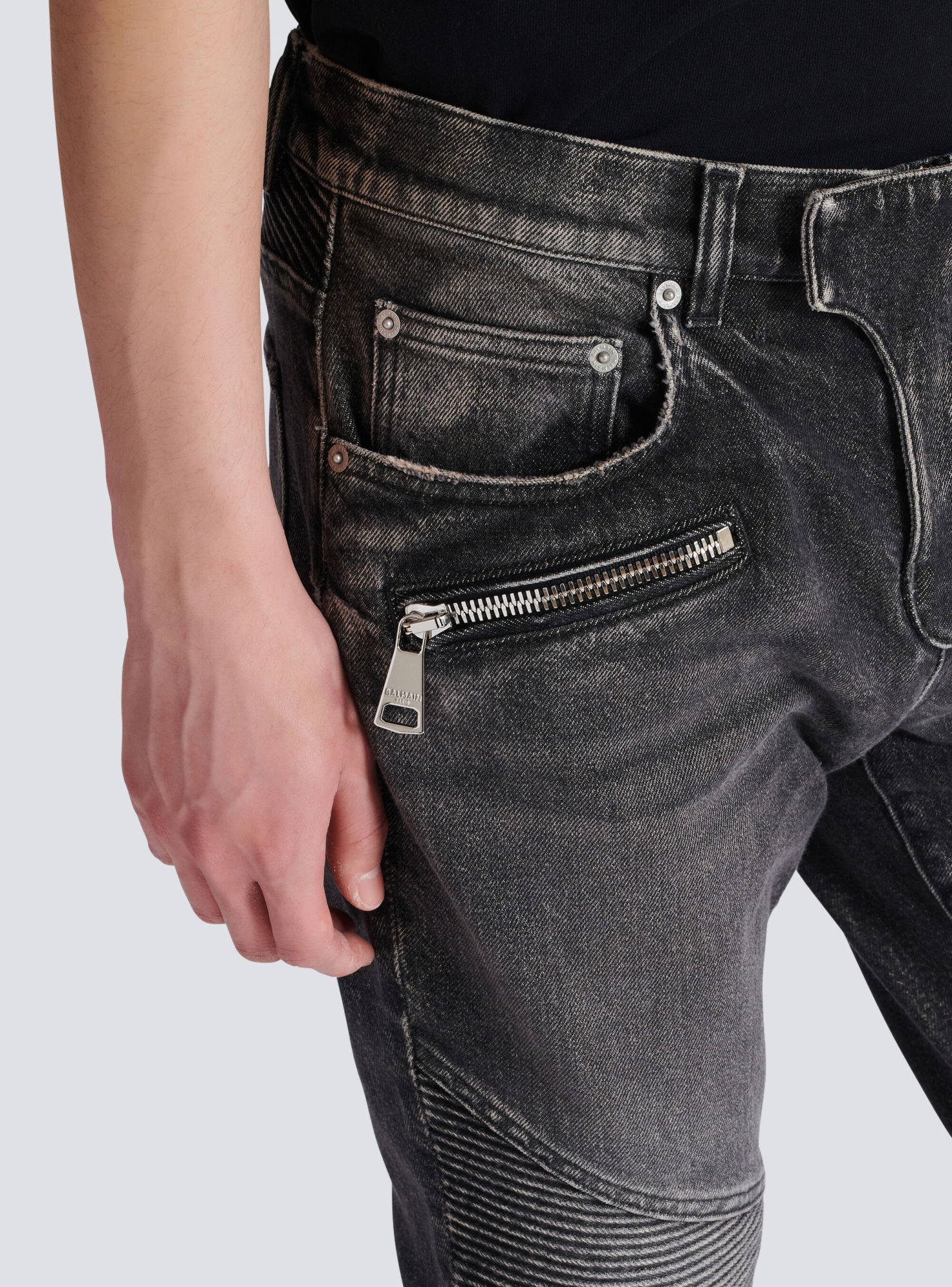 Balmain Straight Trousers With Distressed Finish And Zip Pockets In Gray