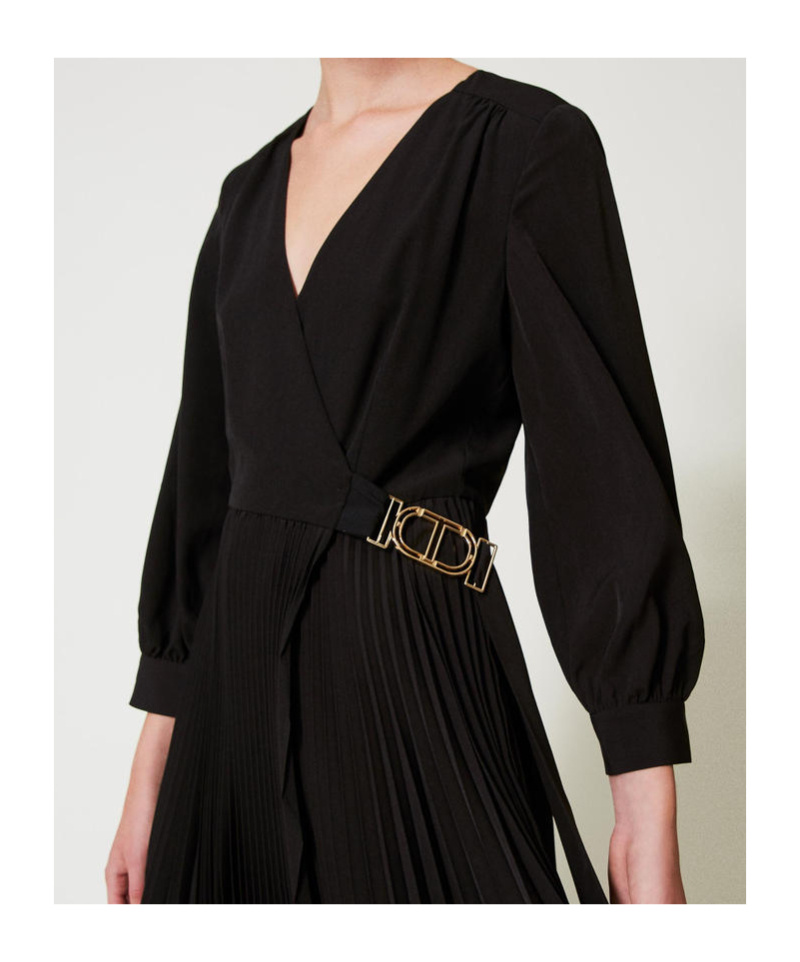 Shop Twinset Pleated Crepe Midi Dress In Black