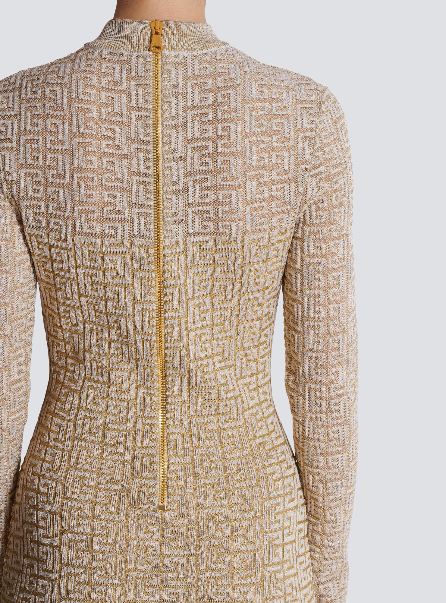 Balmain Labyrinth Monogram Long-sleeved Dress In Nude