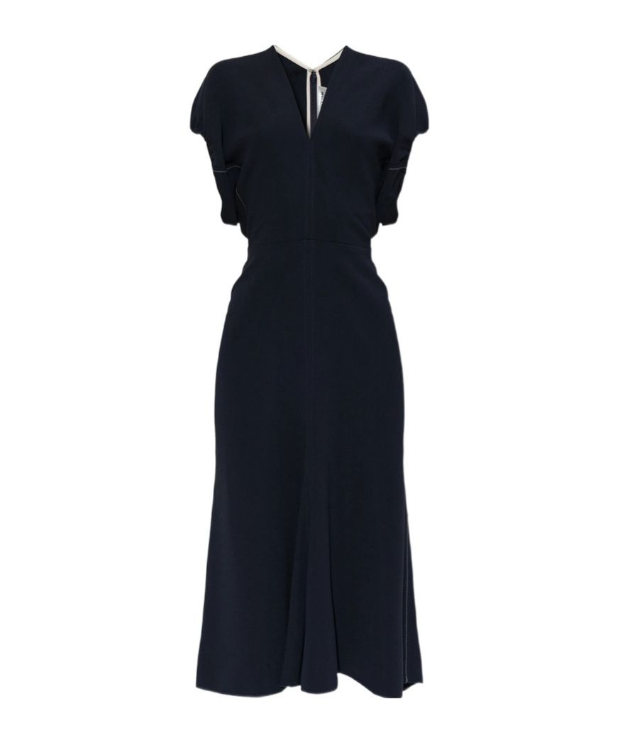 Victoria Beckham Blouson Detail V-neck Midi Dress In Blue