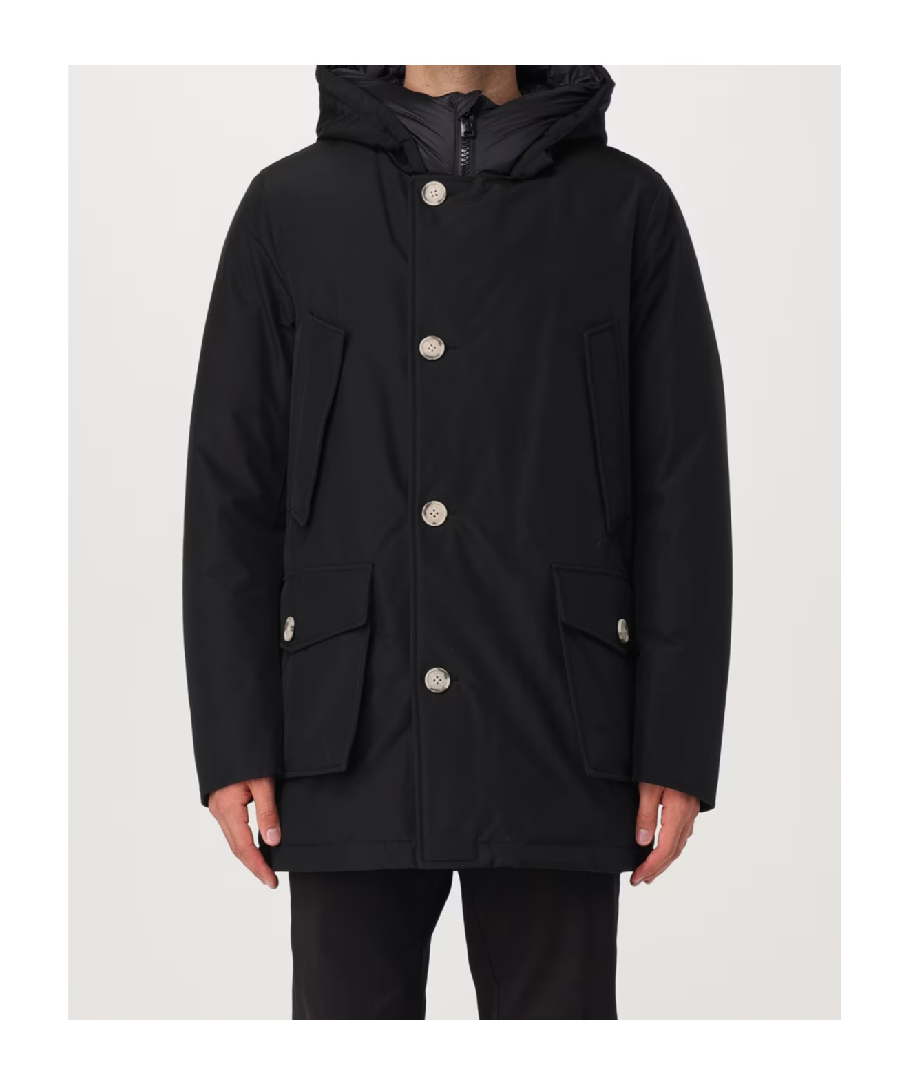 Woolrich Button-up Padded Hooded Coat In Black