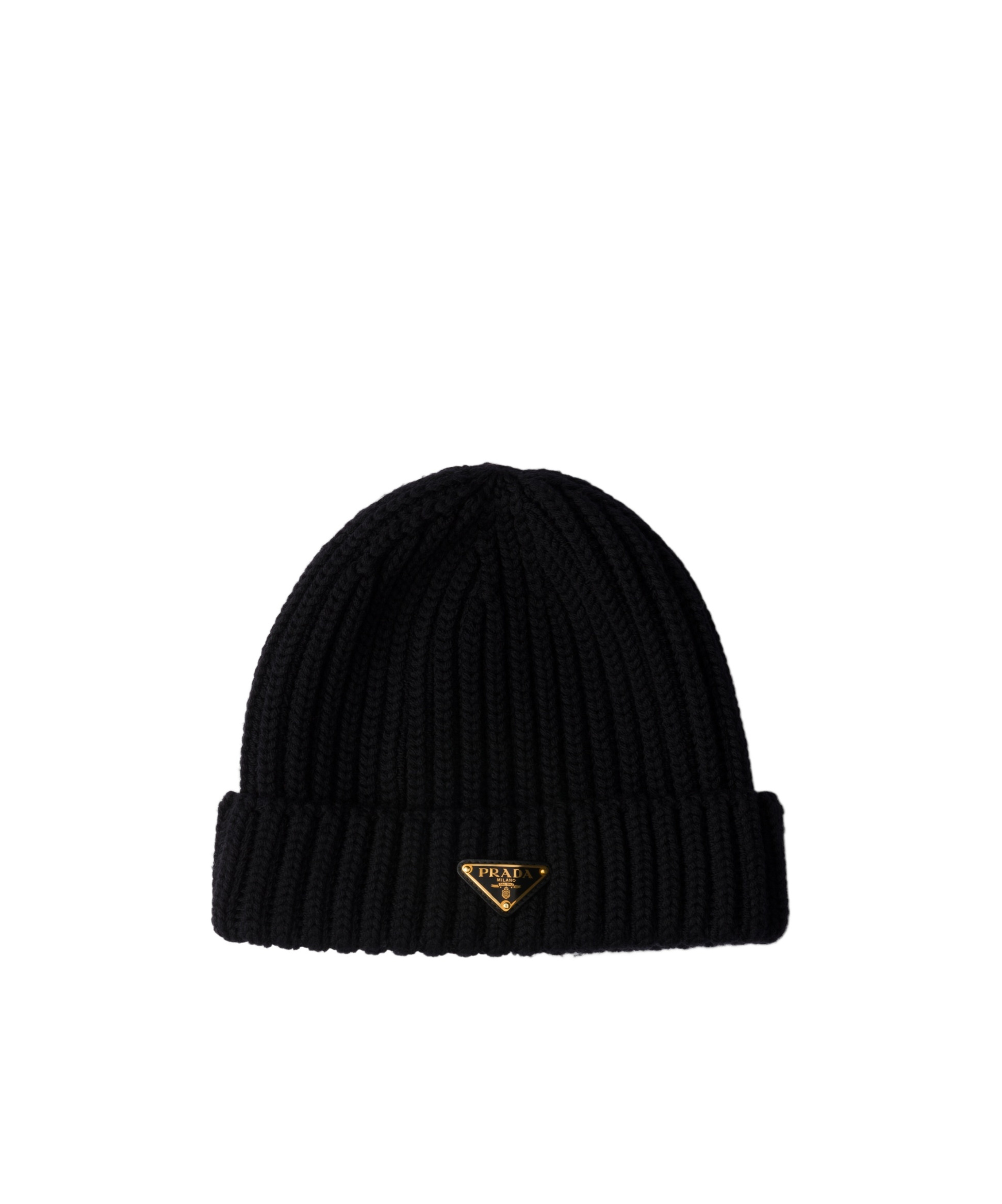 Prada Triangle-logo Ribbed Beanie In Black