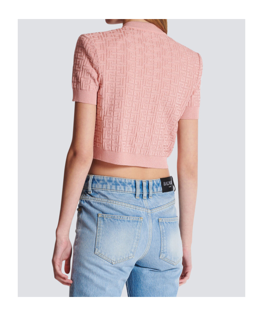 Balmain Pb-intarsia Short-sleeve Cardigan In Pink