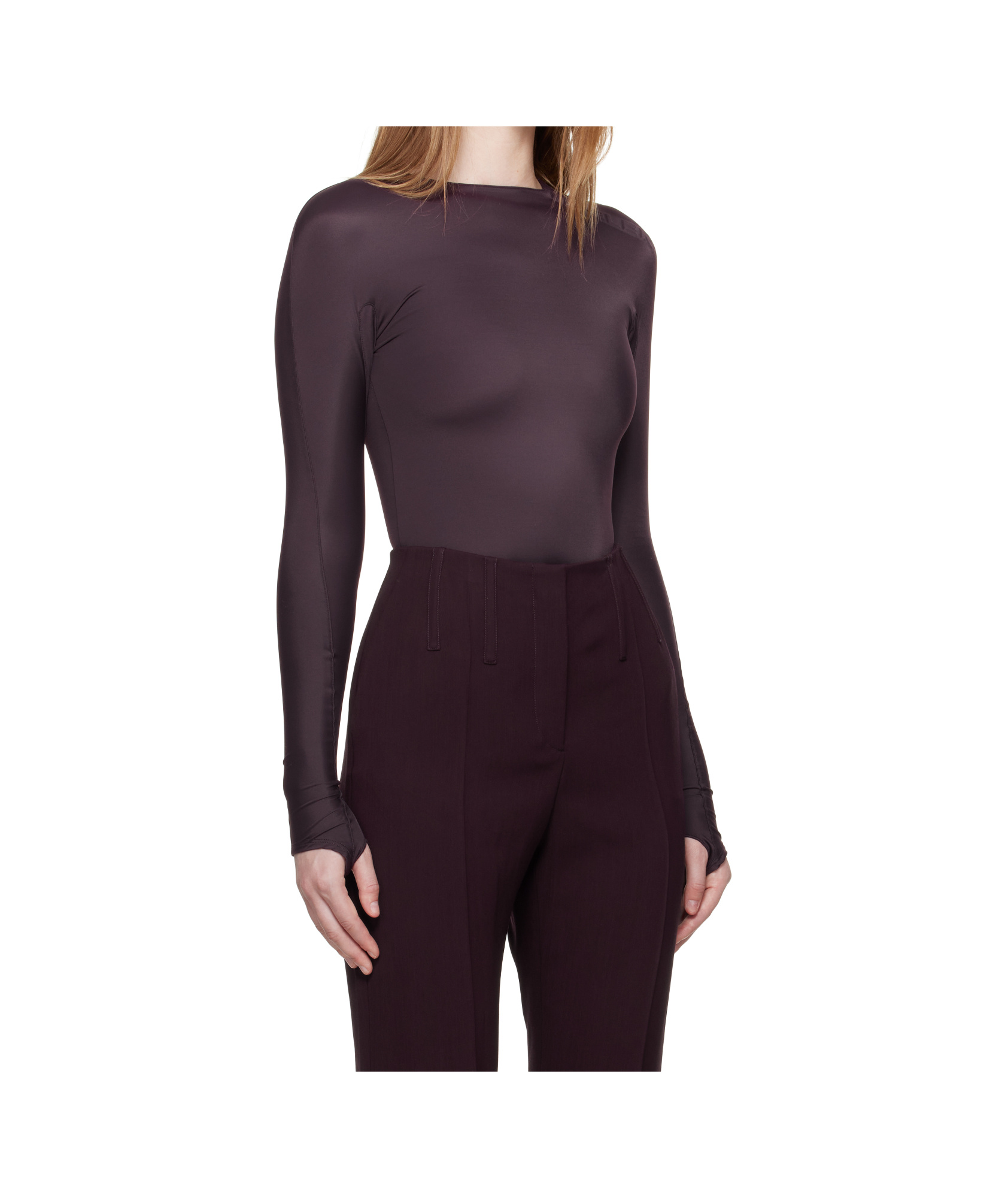 Mugler Embossed-logo Long-sleeve Bodysuit In Burgundy