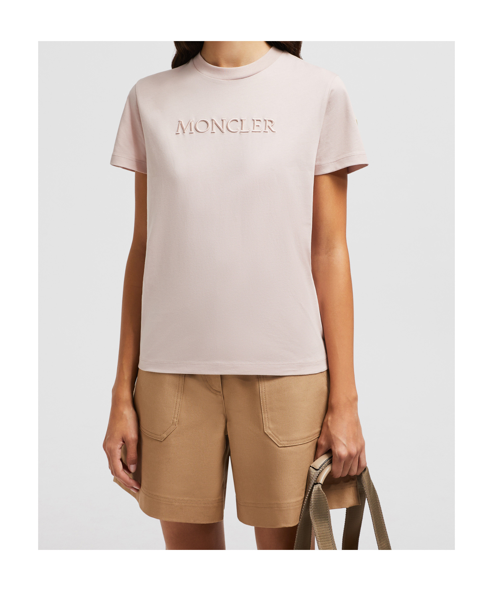 Moncler Embroidered Tonal Logo Cotton T-shirt In Pink