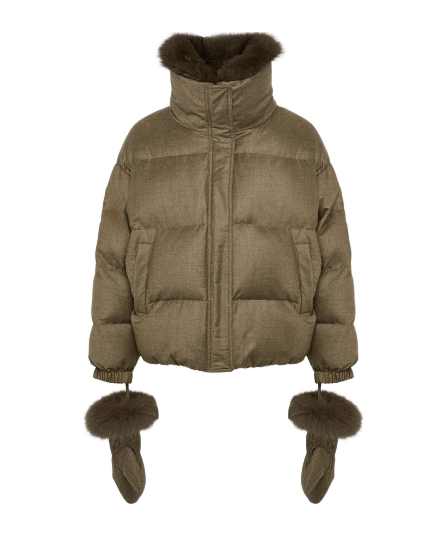 Yves Salomon Short Down Jacket With Detachable Fox Fur Collar And Mittens In Brown