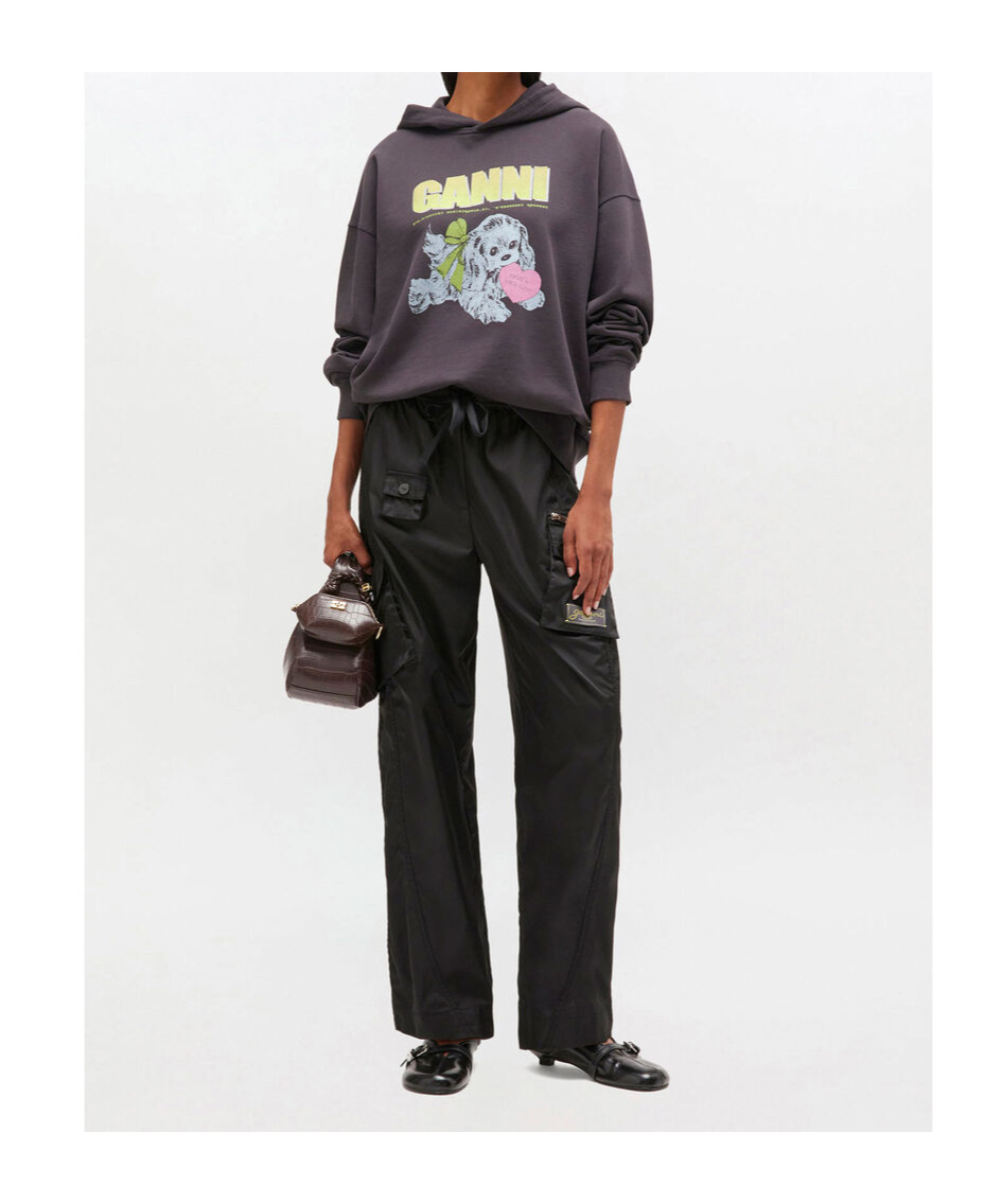 Ganni Isoli Oversized Hoodie With Graphic Puppy Print In Gray