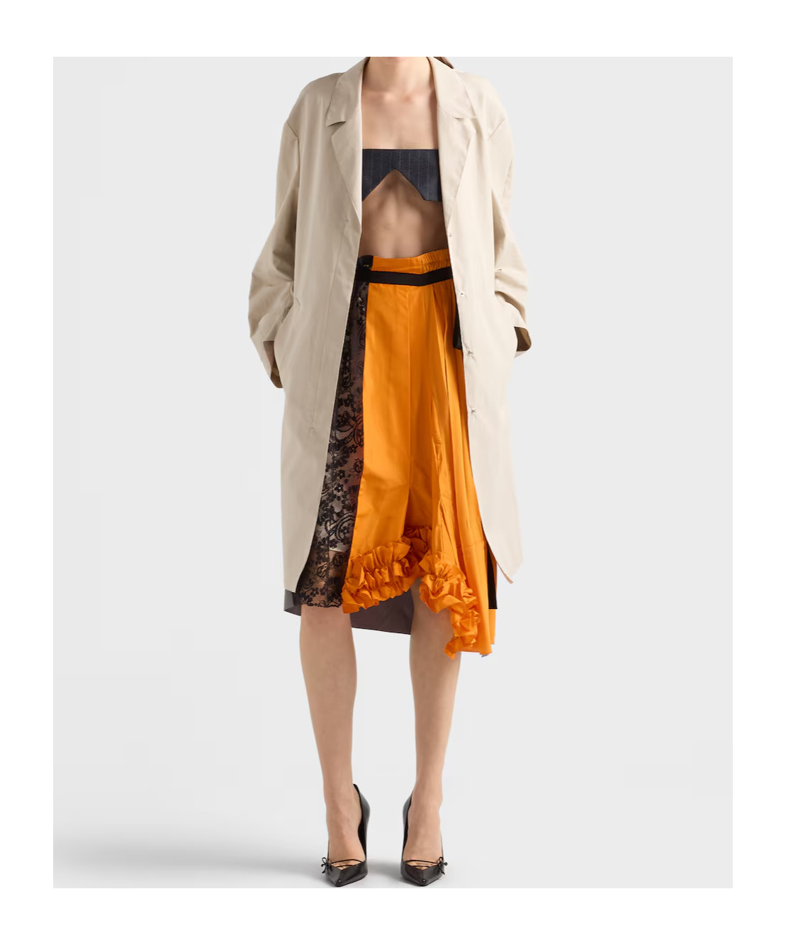 Prada Technical Taffeta Patchwork Skirt In Orange
