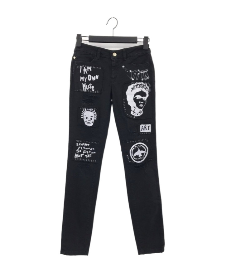 Just Cavalli Printed Denim Trousers In Black