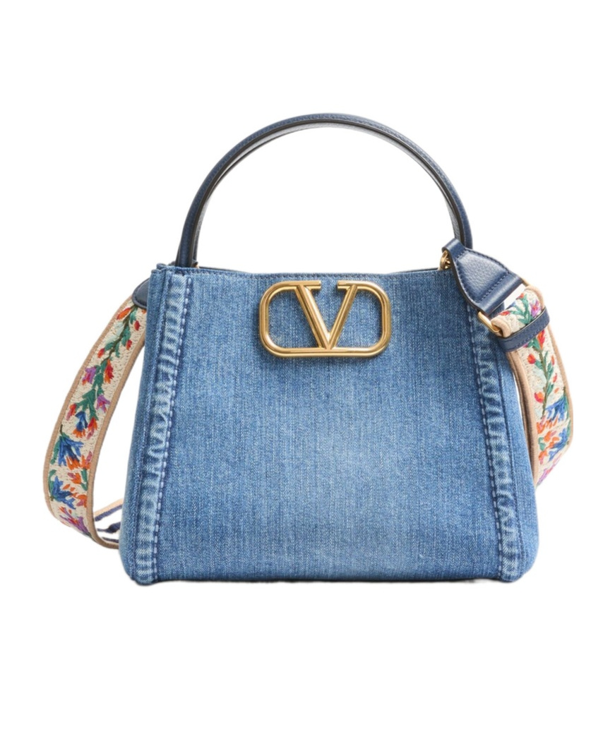 VALENTINO GARAVANI VALENTINO GARAVANI ALLTIME MEDIUM HANDBAG IN DENIM WITH EMBROIDERED STRAP