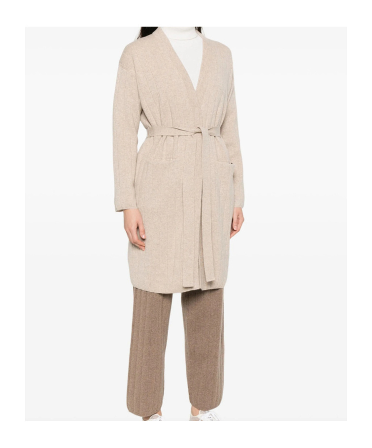 Max Mara Cashmere Cardigan With Belted Waist And Pockets In Neutral
