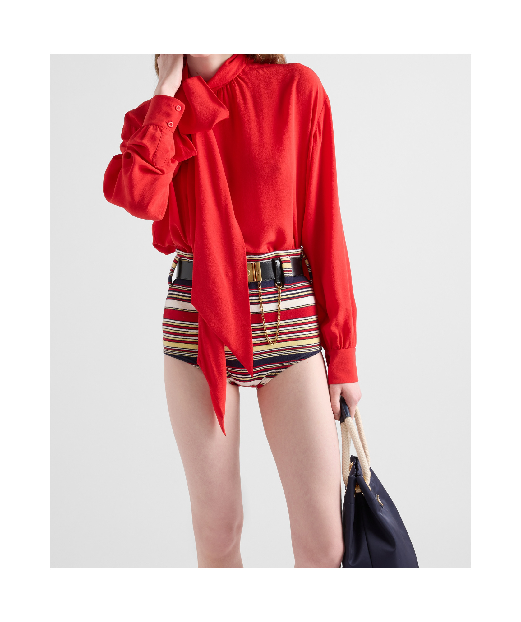 Prada Marocaine Offset Button Silk Top With Scarf In Red