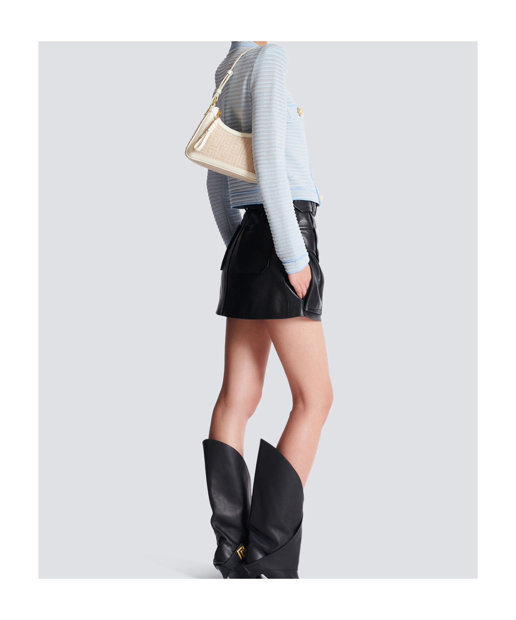 Balmain B-army Shoulder Bag In Monogrammed Jacquard Canvas And Leather