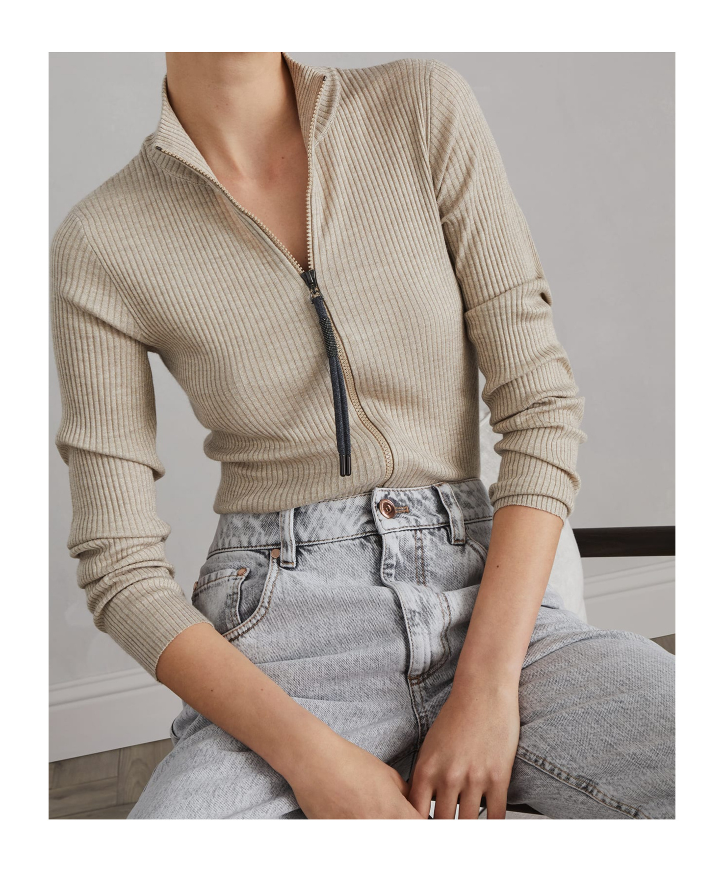 Brunello Cucinelli Cashmere-blend Zip-front Top In Nude