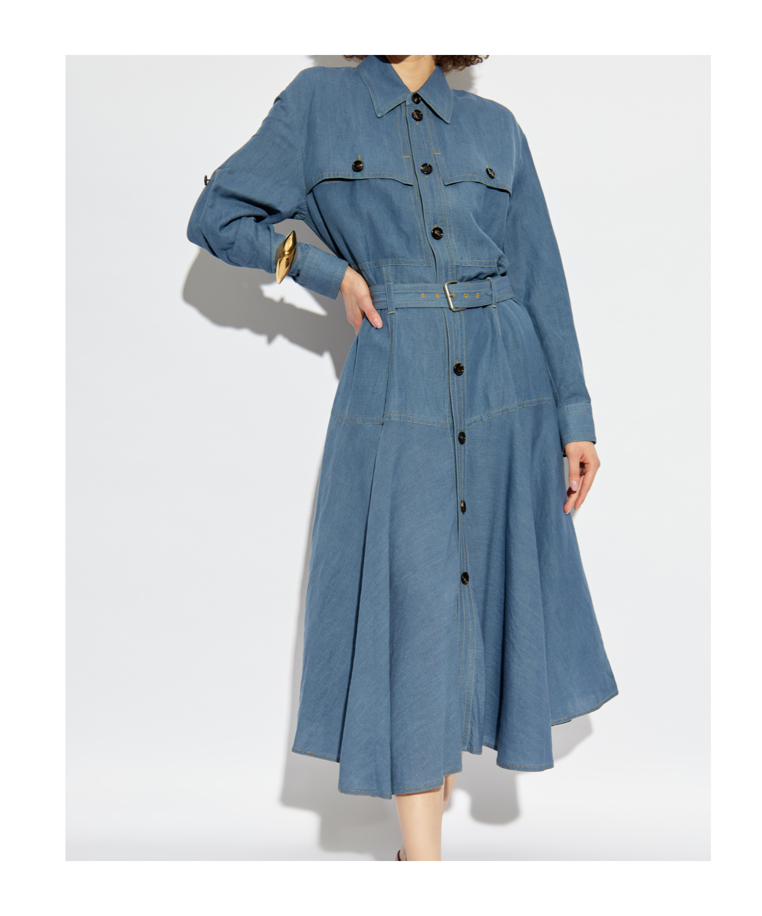 Shop Bottega Veneta Flared Denim Shirt Dress In Blue