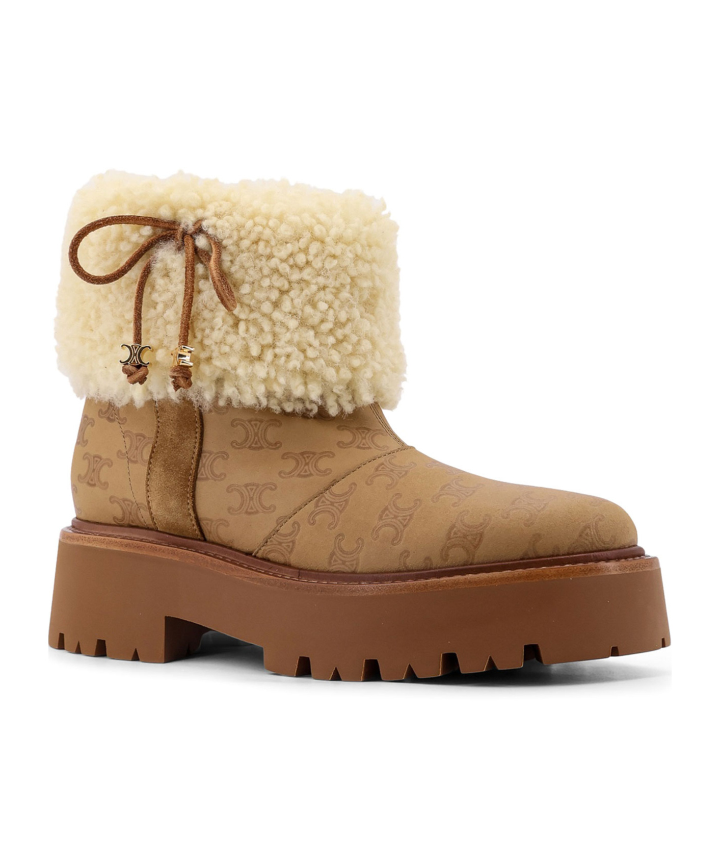 Celine Bulky Leather Boots With Triomphe All-over Motif In Nude