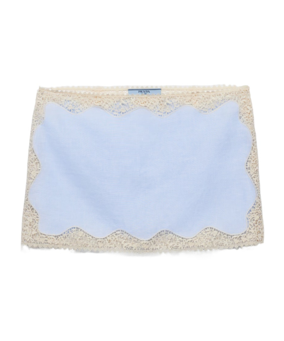 Prada Lace-trim Linen Mini Skirt In Sky-blue