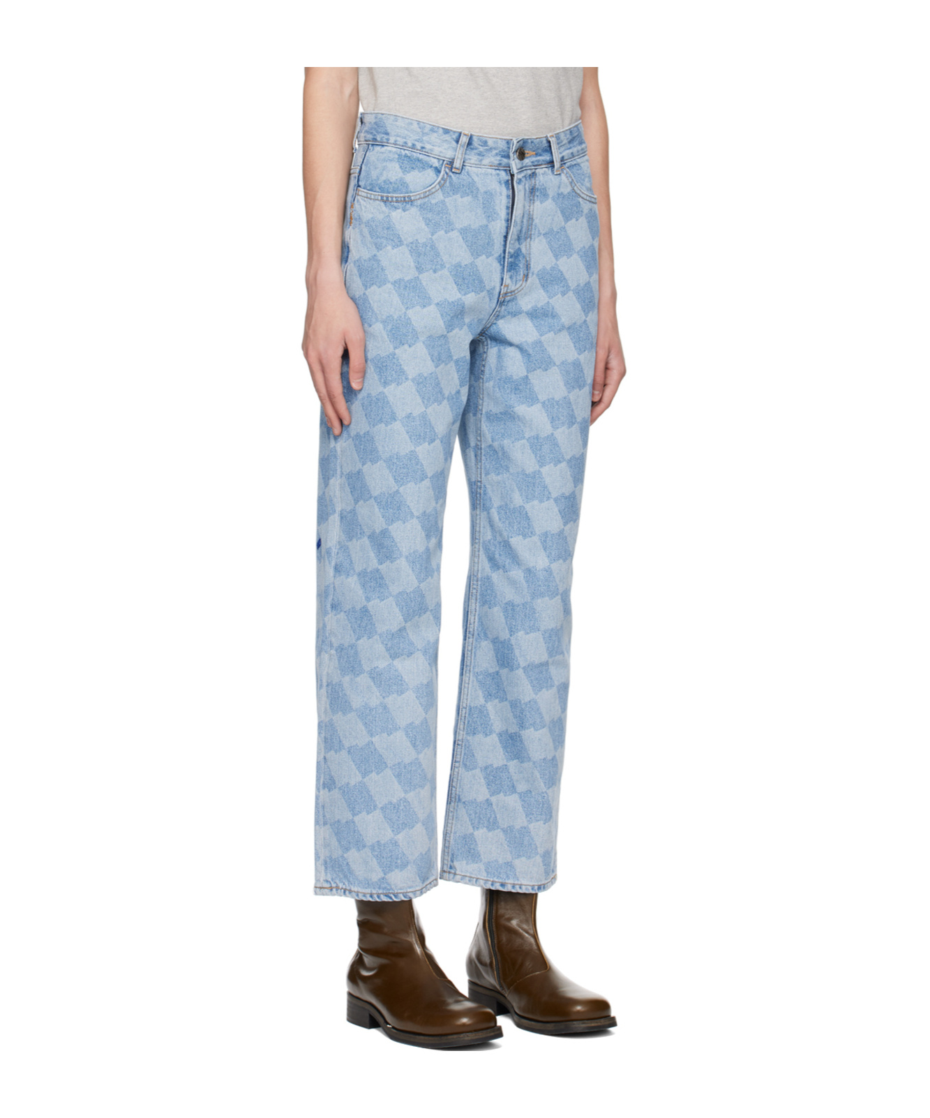 Ader Error Belt-ring Plaid Pattern Denim Pants In Blue