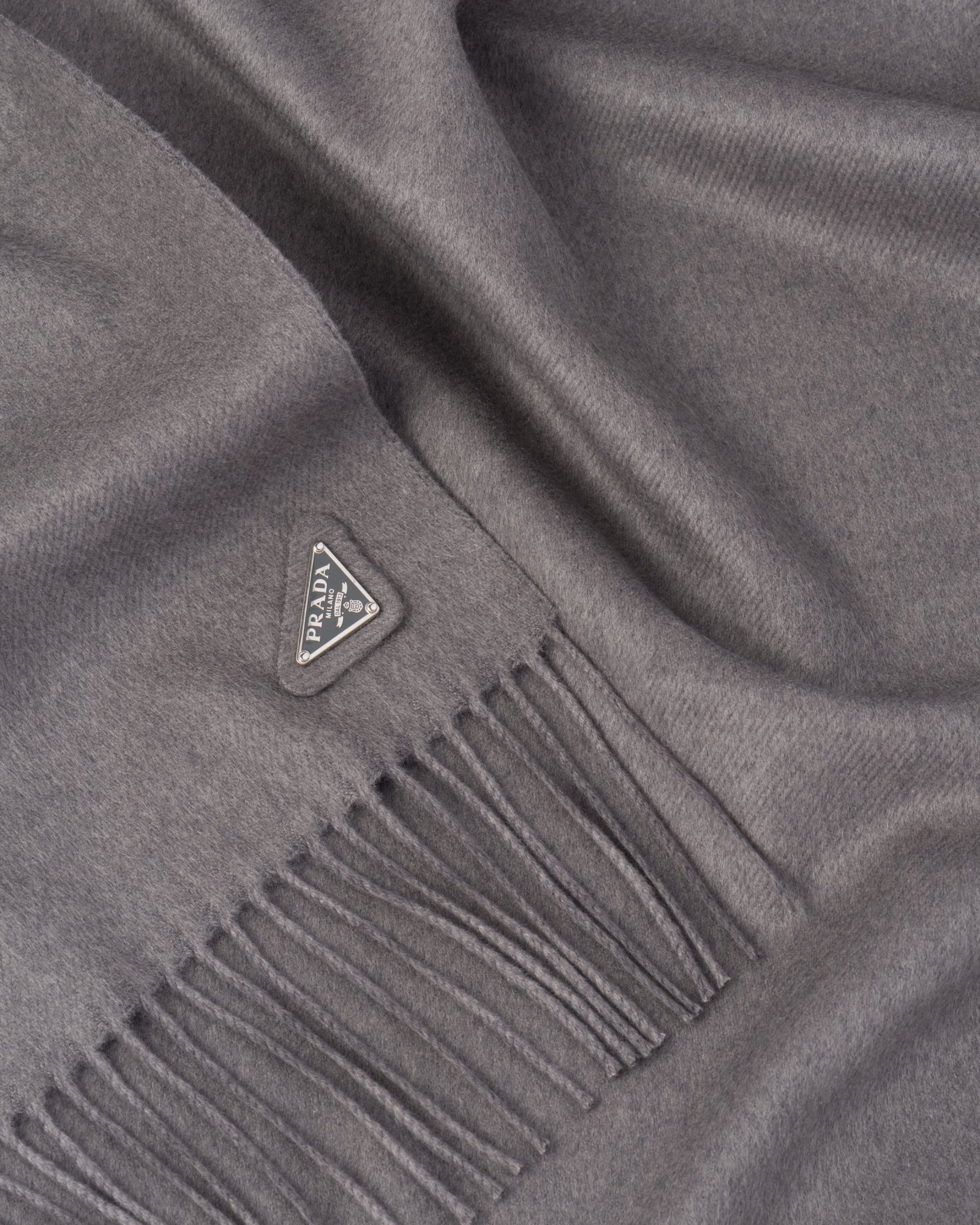 Prada Triangle-logo Fringed Scarf In Gray