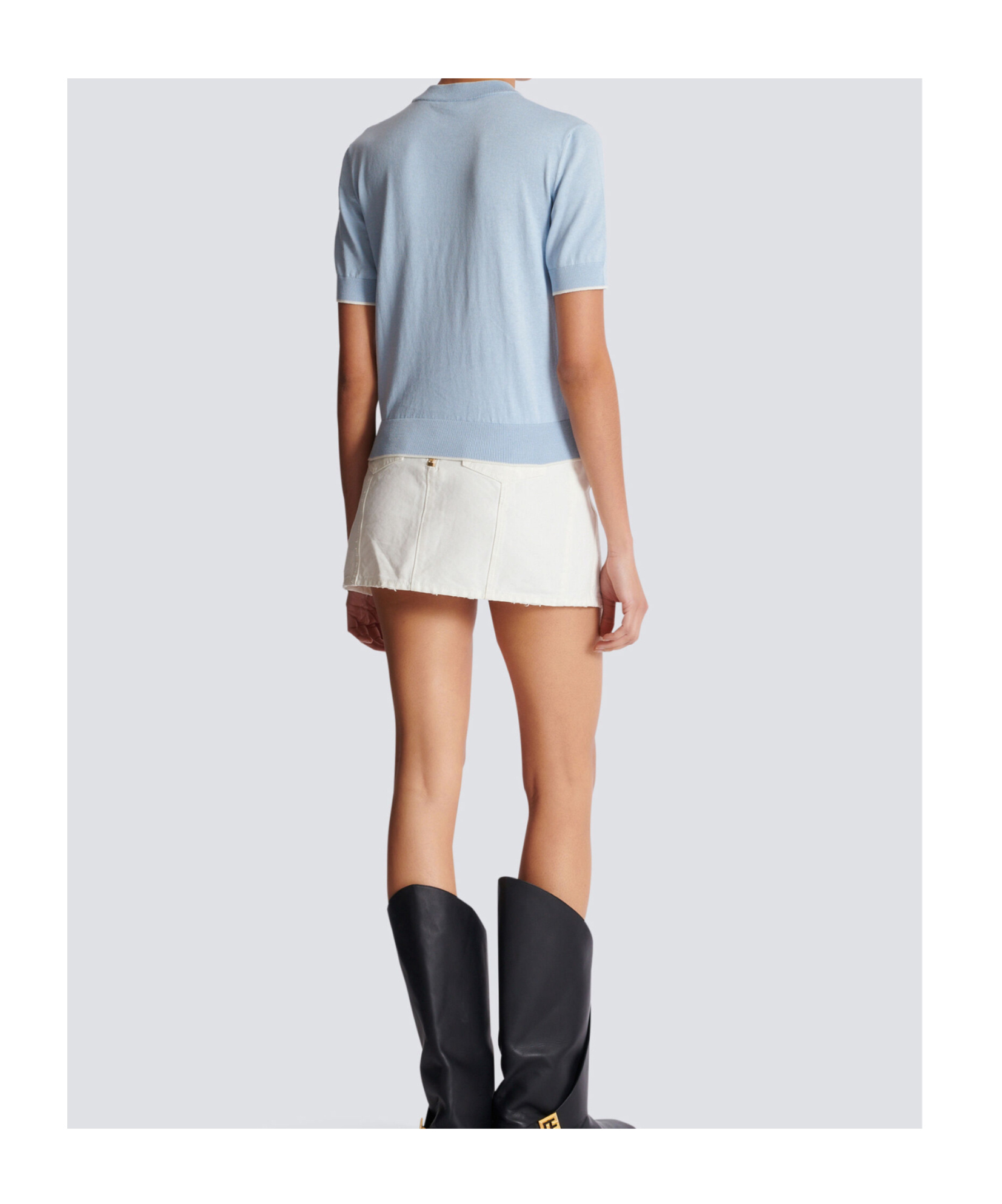 Balmain Knit Crewneck With Short Sleeves And Striped Tipping In Blue