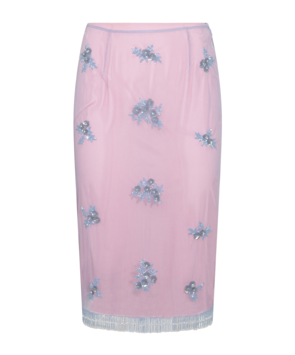 Blumarine Embellished Floral Fringe Sheer Overlay Skirt In Pink