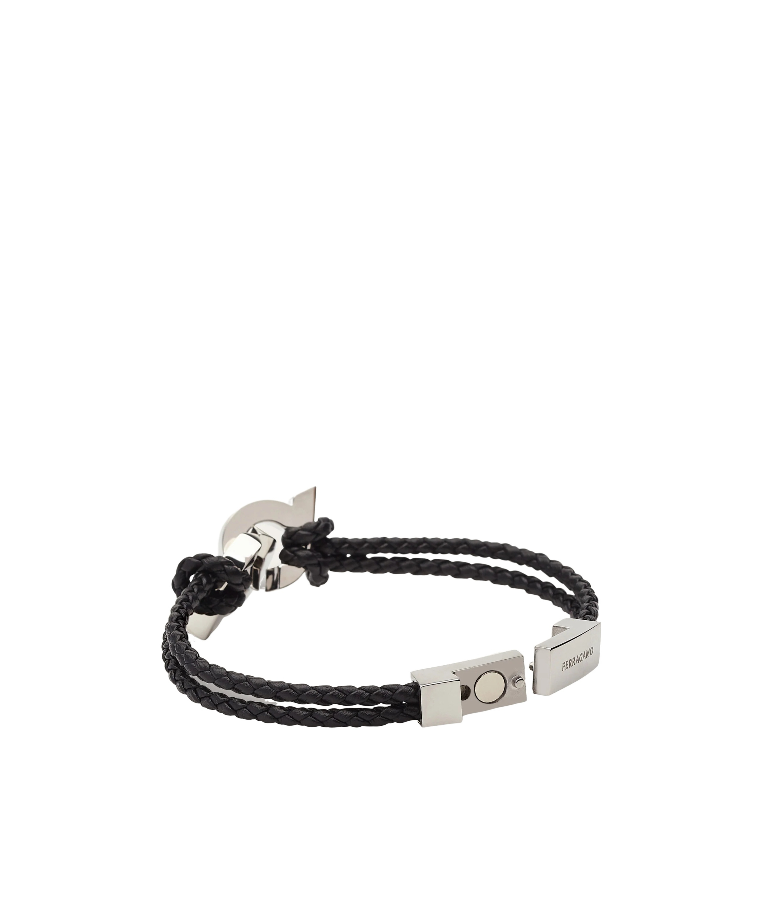 Ferragamo Double Gancini Braided Leather Bracelet In Black