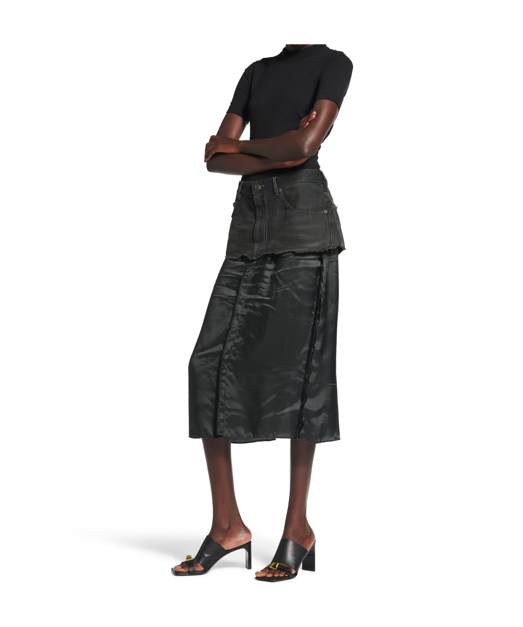 Balenciaga Denim-panel Midi Skirt In Black