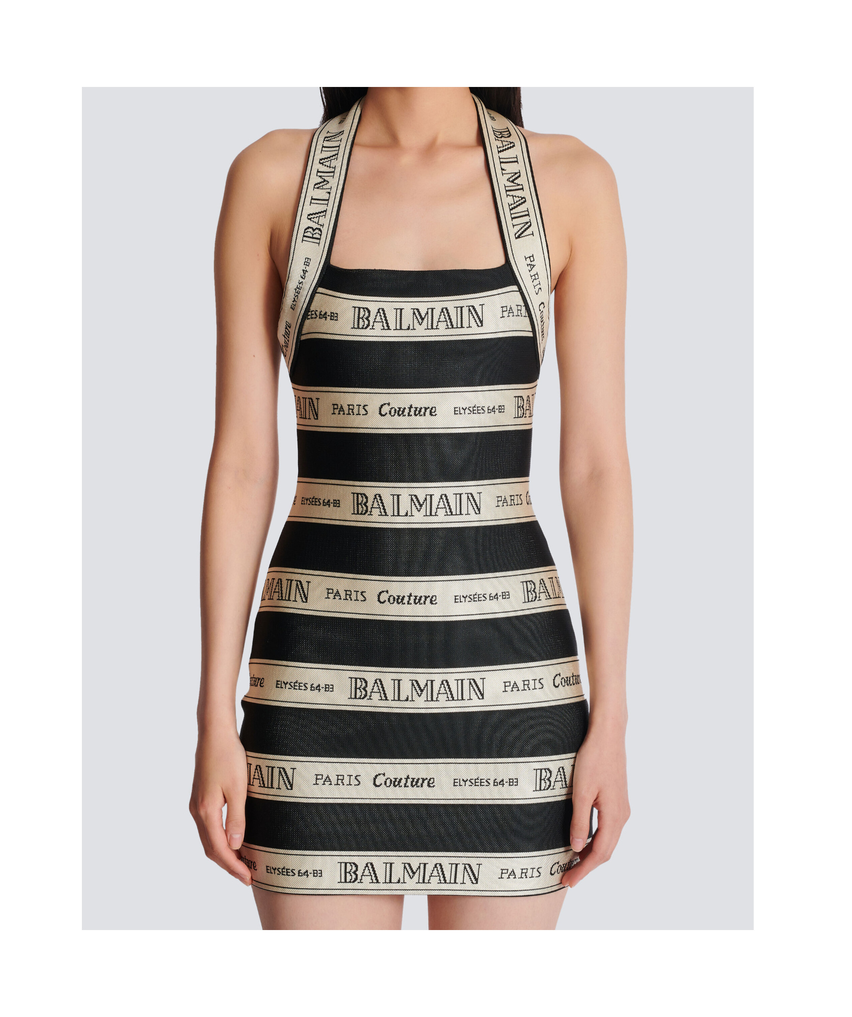 Balmain Striped Halterneck Jacquard Minidress In Nude