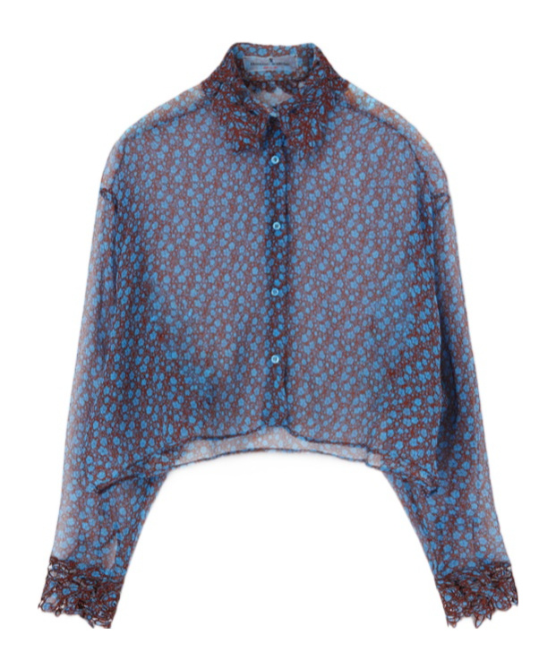 Ermanno Scervino Pure Silk Chiffon Shirt With Lace Details And Micro Flower Print In Gray
