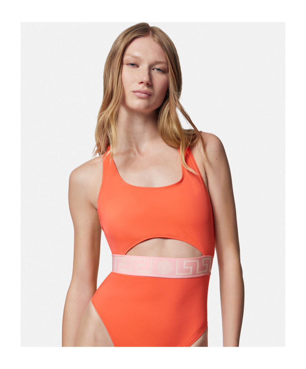 Versace Greca-strap Cut-out Swimsuit In Orange