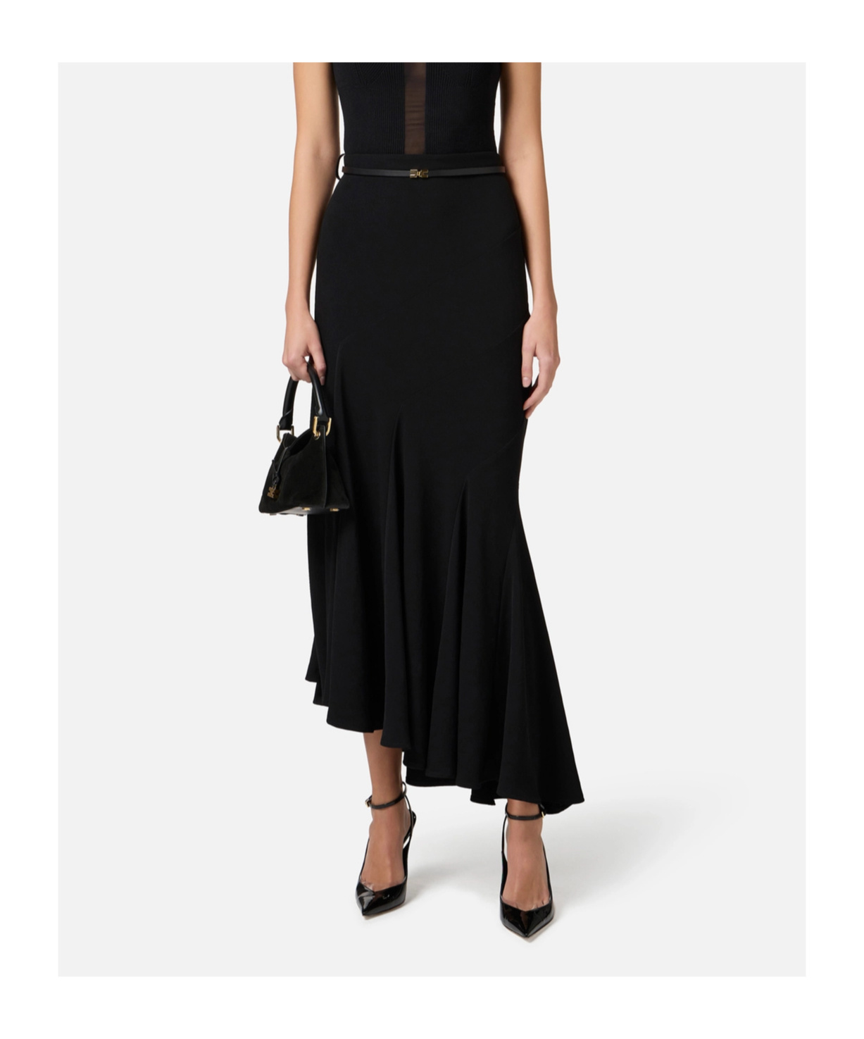 Elisabetta Franchi Asymmetric Skirt In Lightweight Crêpe Fabric With Belt In Black