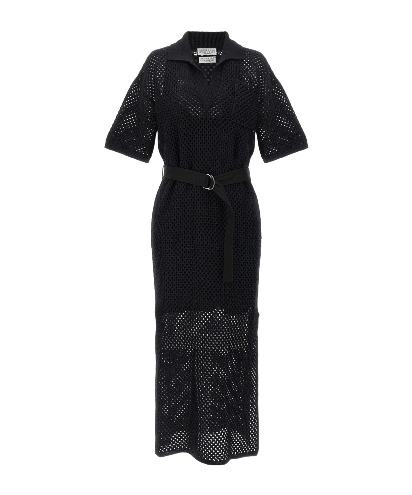 Brunello Cucinelli Belted Crochet Knit Midi Dress In Black
