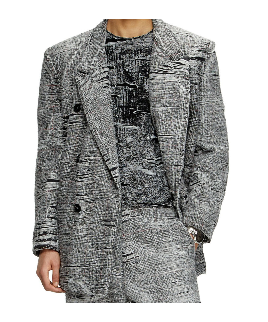 Diesel Blazer In Distressed Prince Of Wales Denim In Gray