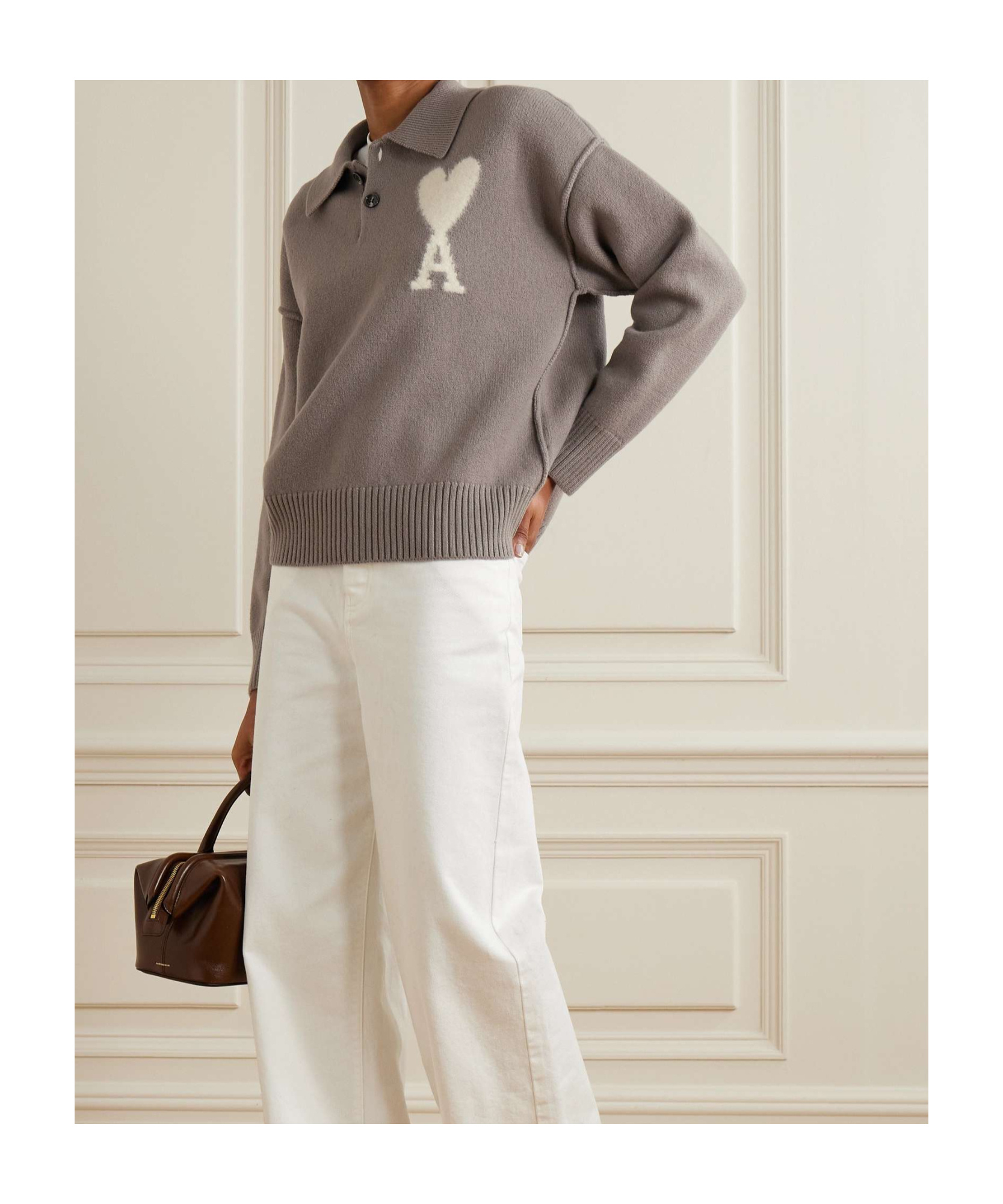 Ami Alexandre Mattiussi Intarsia Wool Polo Sweater In Gray