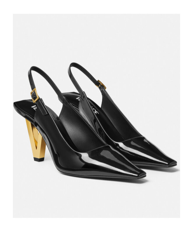 Versace Black V2025 Patent Slingback 85 Mm Heels In Black