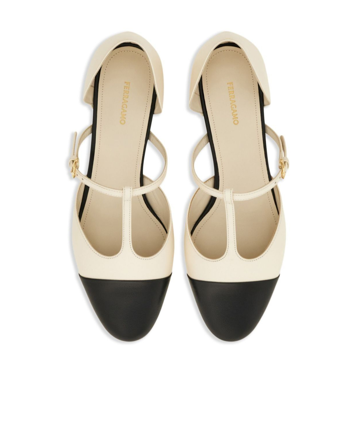 Ferragamo Linette Bicolor T-strap Ballerina Flats In Nude