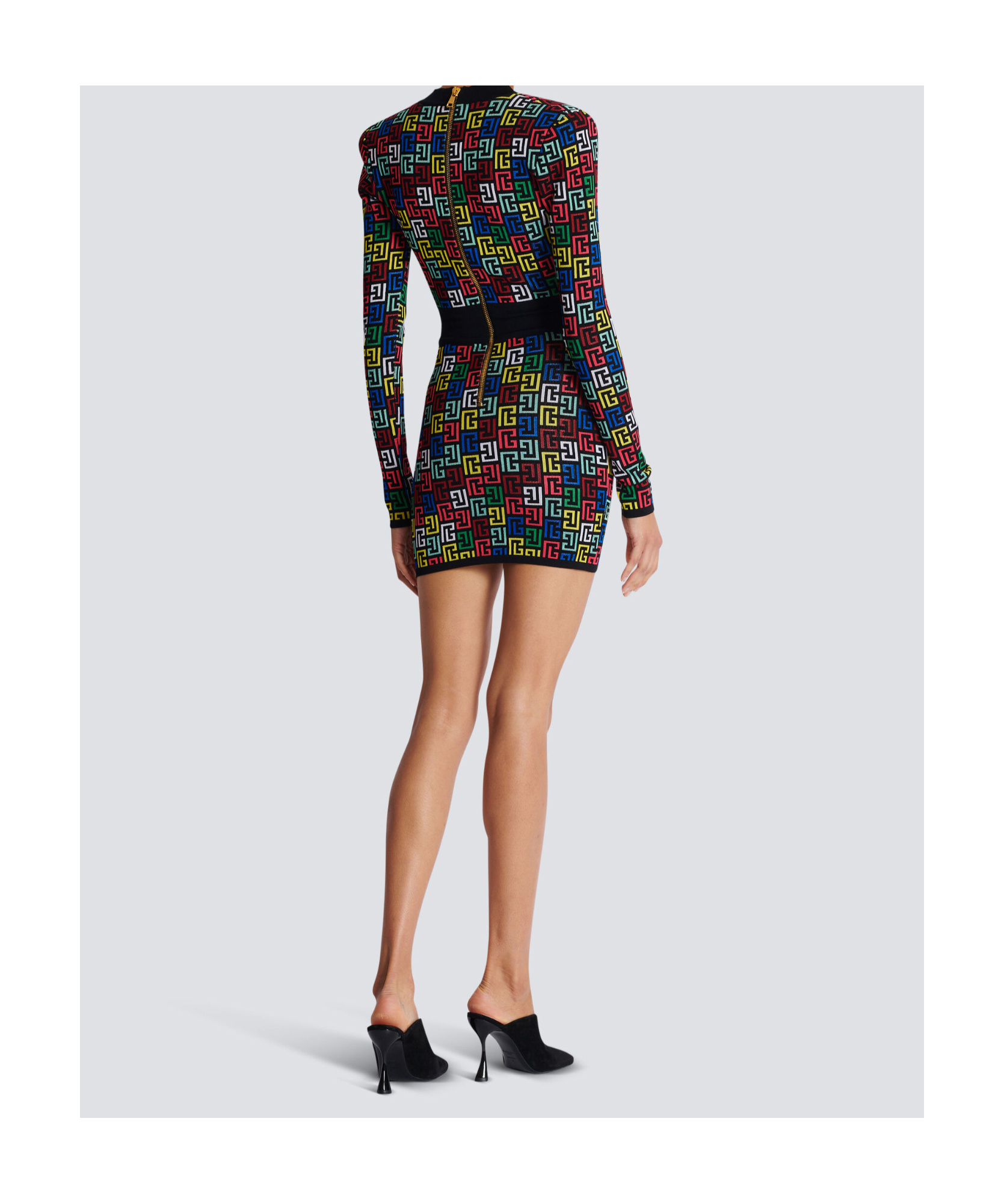 Balmain Knit Dress With Monogram And Geometric Pattern In Black