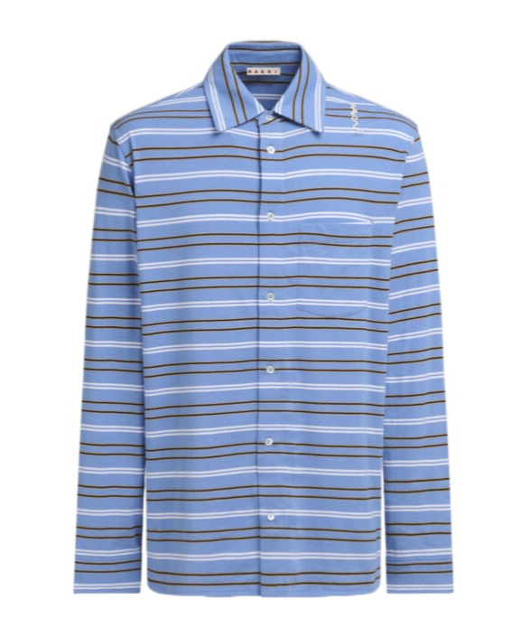 Marni Light Blue Cotton Turtleneck Polo With Horizontal Stripes In Blue