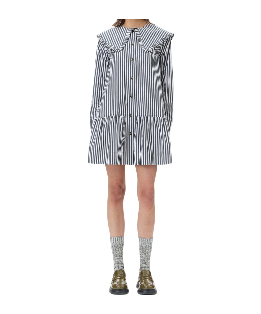 Shop Ganni Black And White Stripe Mini Shirt Dress In Gray