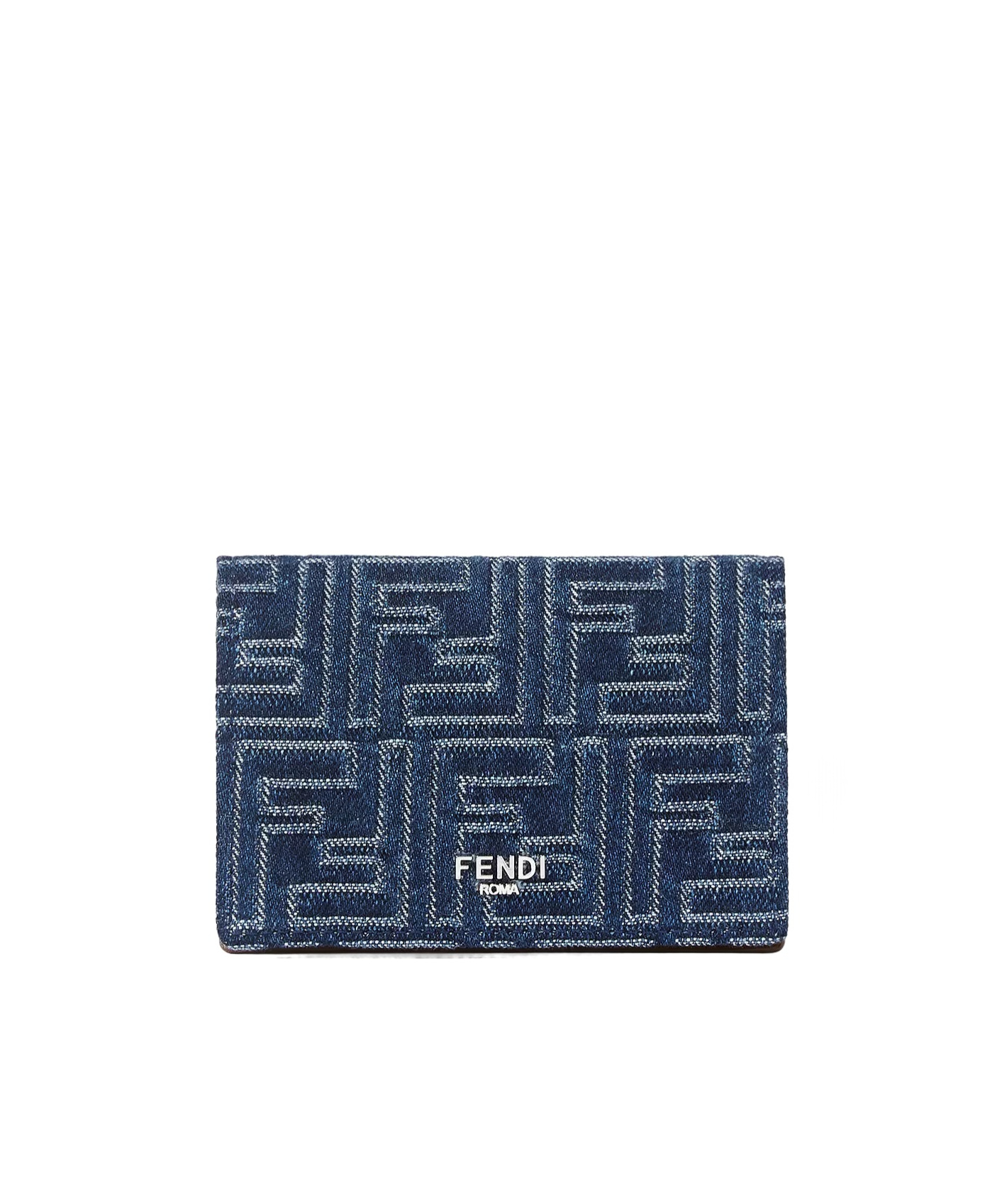 Fendi Brown Leather And Blue Denim-effect Ff Jacquard Card Holder
