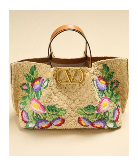 Valentino Garavani Beige Handbag With Metallic Vlogo On The Front And Floral Embroidery In Raffia Wo In Nude