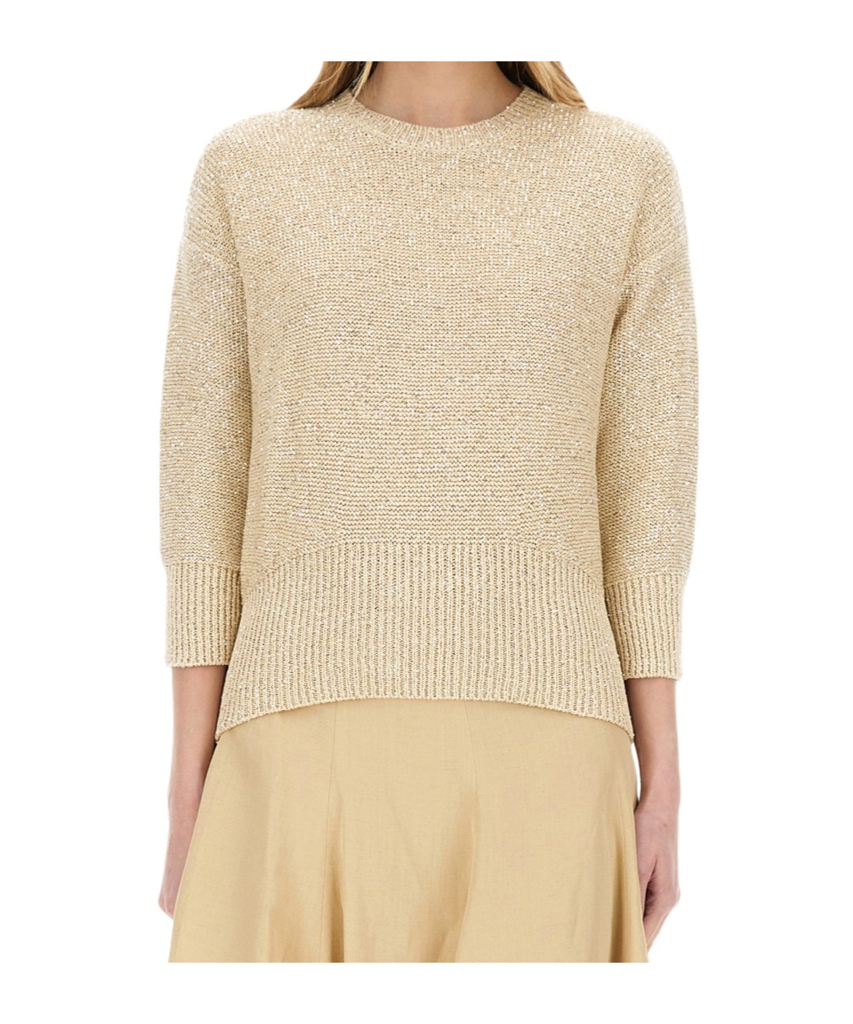 Fabiana Filippi Three-quarter Sleeve Cotton Jersey Top With Ribbed Hem In Beige
