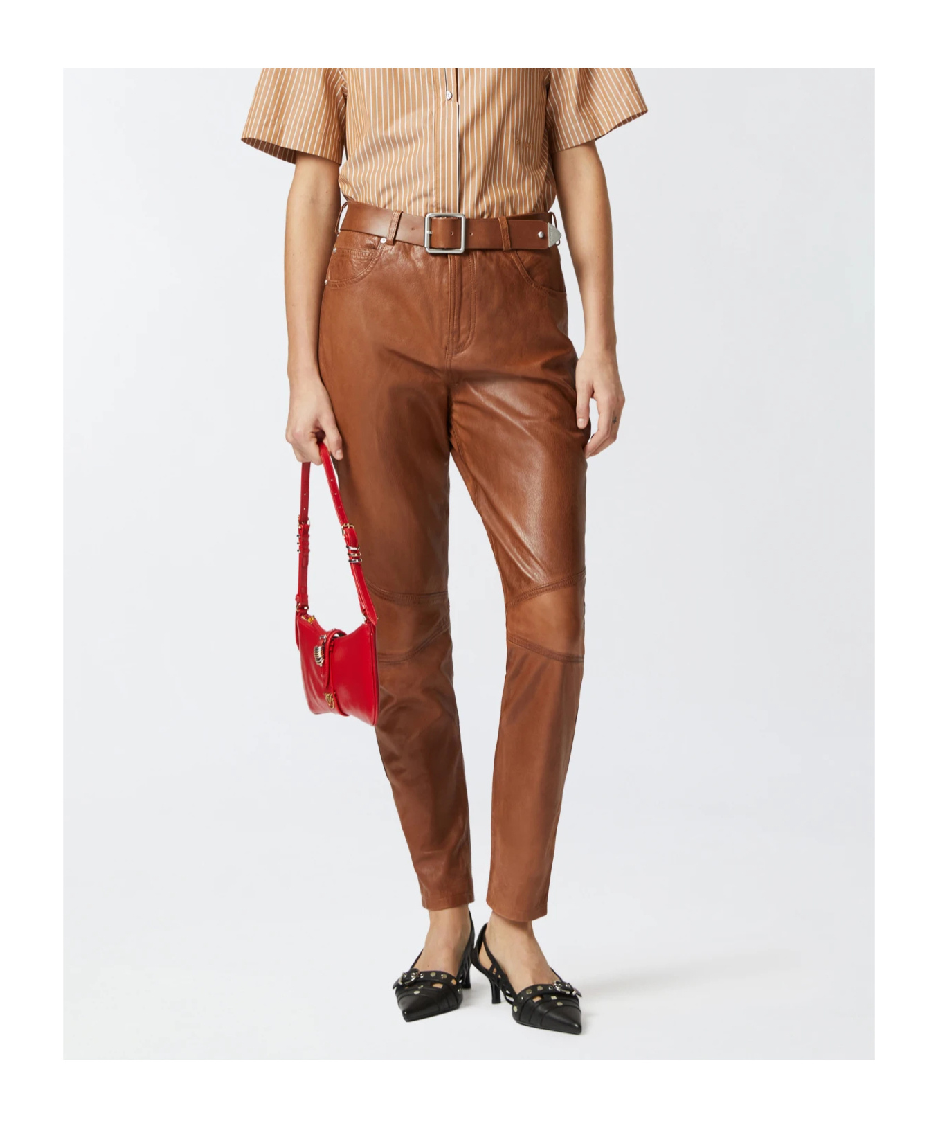 Pinko Leather Trousers With Belt In Brown