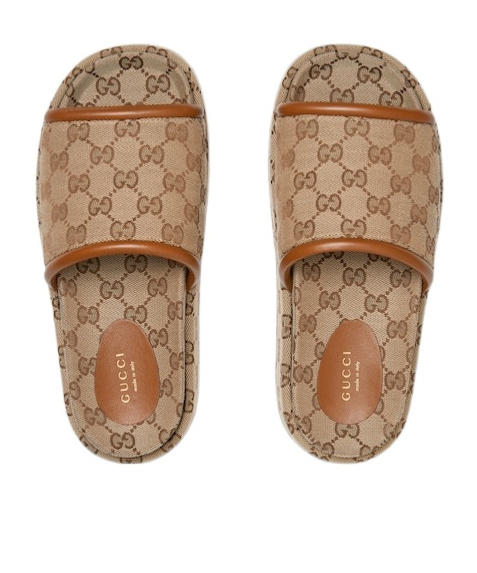Gucci Women Beige Sandals With Leather Finishes And All-over Gg Motif In Fabric Woman In Brown