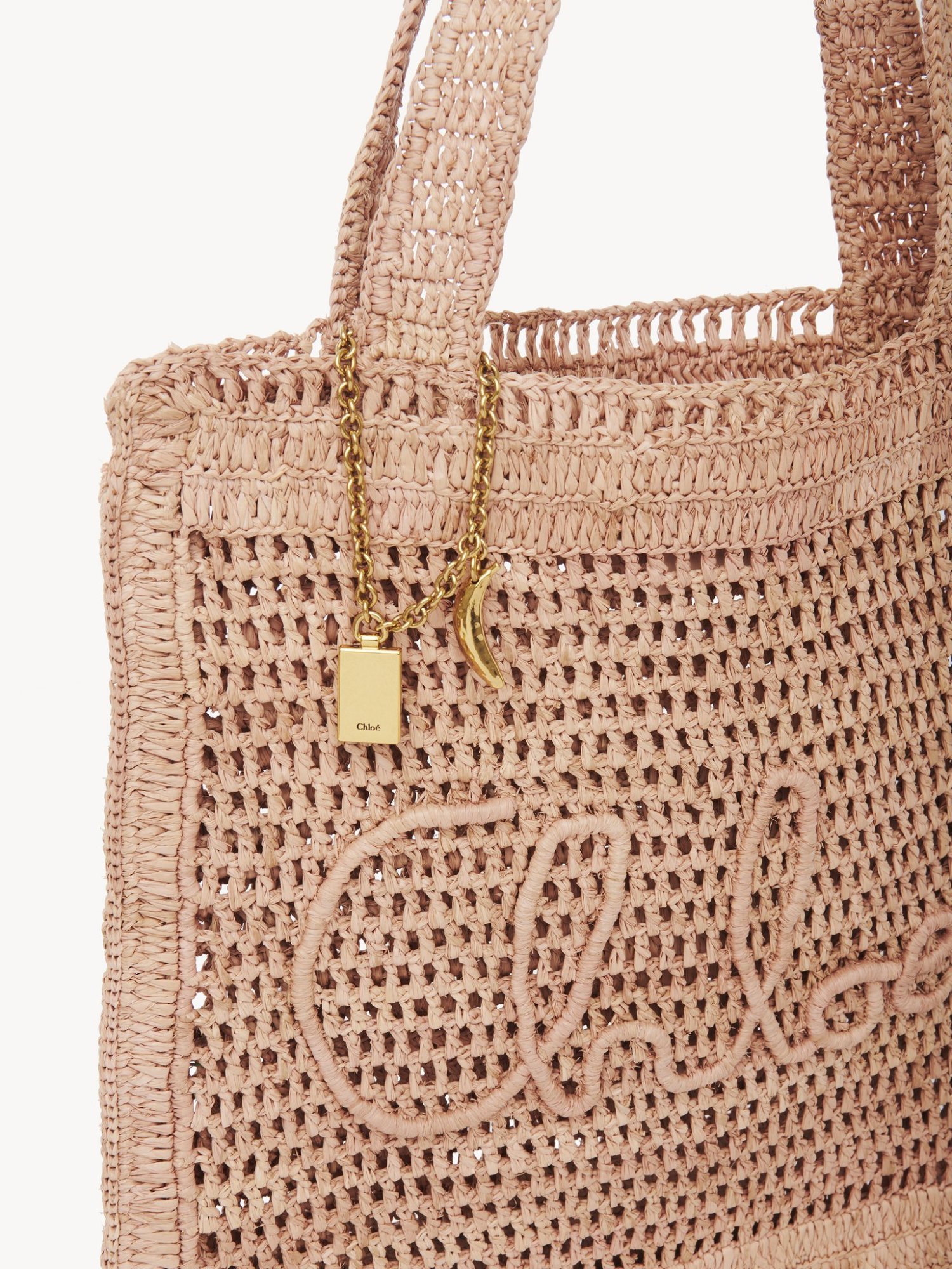 Chloé Summer Banana Embellished Crocheted Embroidered Faux Raffia Tote In Nude