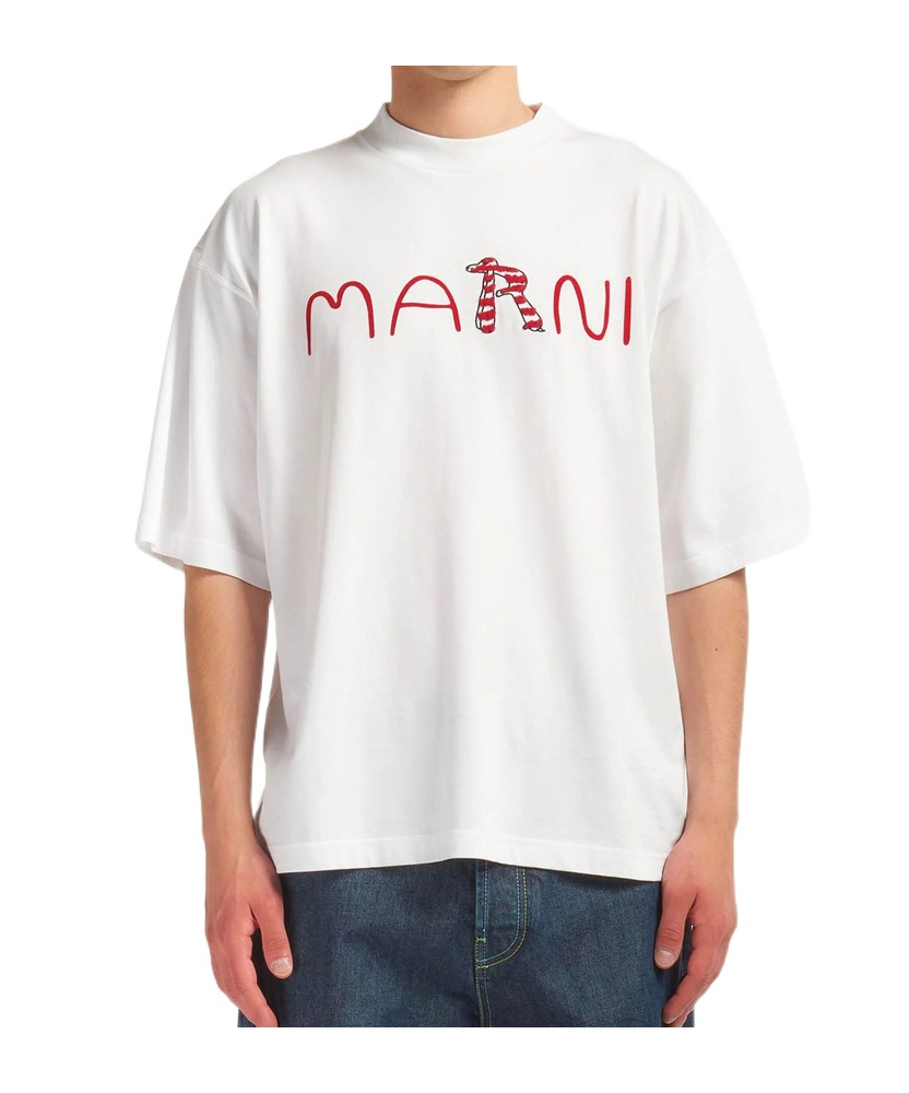 Marni Cotton T-shirt With Flocked Animal Alphabet Logo In White
