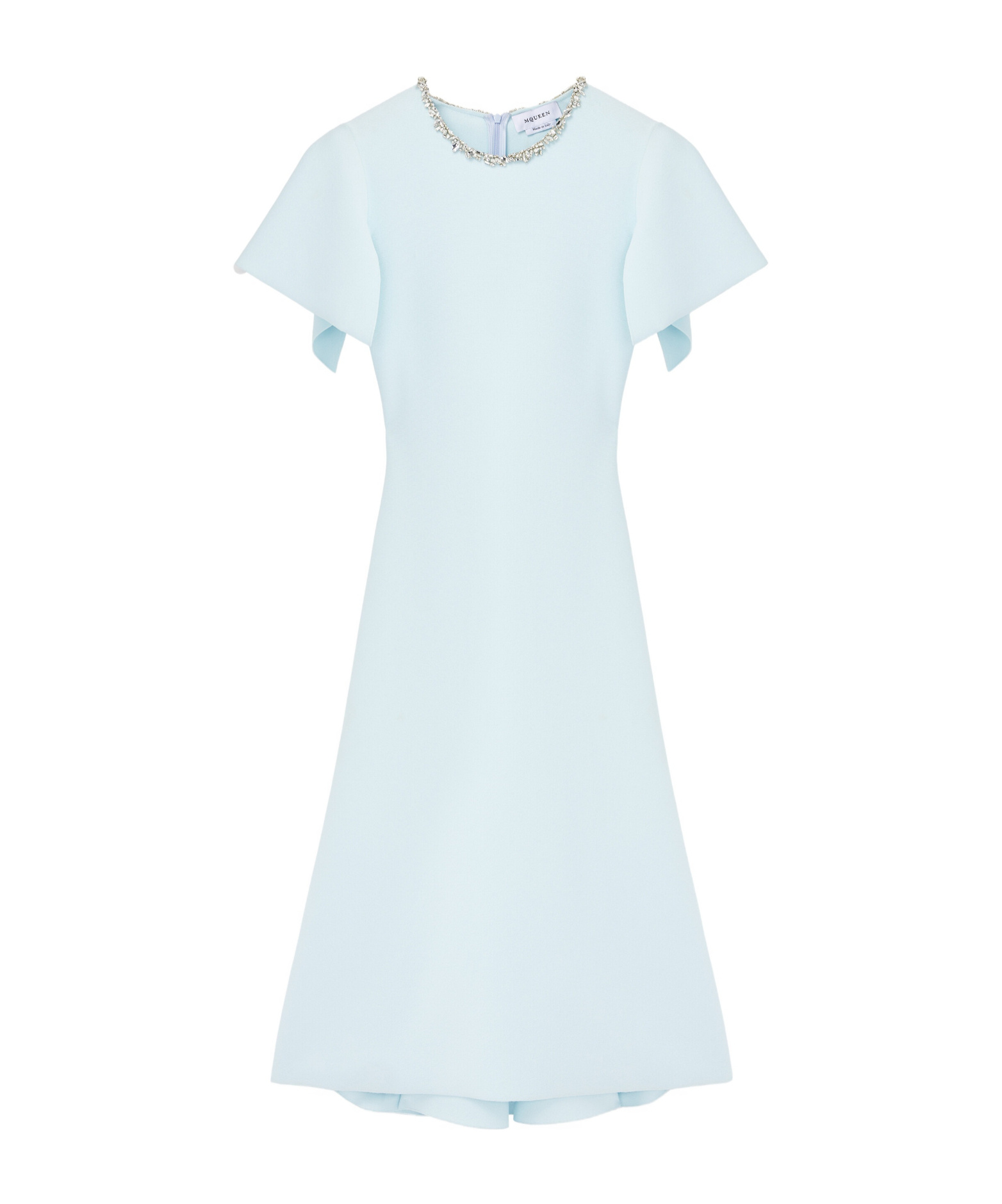Alexander Mcqueen Crystal Neck Short-sleeve Knit Midi Dress In Blue